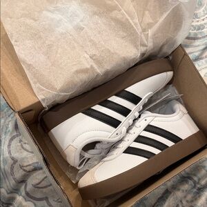 adidas White Sneakers with Black Stripes and Brown Gum Sole
